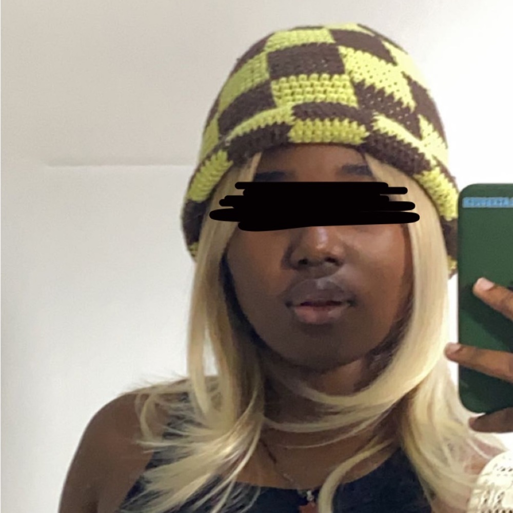 ASOS design crochet knit bucket hat in lime and brown checkerboard
